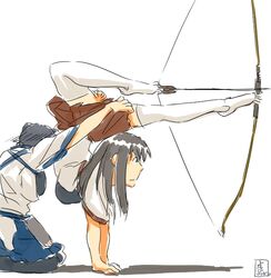  2girls akagi_(kantai_collection) arrow blush bow_(weapon) brown_hair handstand japanese_clothes kaga_(kantai_collection) kantai_collection long_hair multiple_girls muneate personification shirt thighhighs tora_jun weapon 