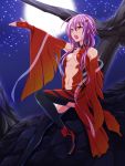  1girl bare_shoulders black_legwear breasts center_opening cleavage detached_sleeves fingerless_gloves gloves guilty_crown hair_ornament hairclip hand_on_own_chest highres long_hair moon navel open_mouth oukasirayami pink_hair red_eyes singing sky solo star_(sky) starry_sky thigh-highs twintails yuzuriha_inori 
