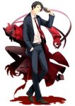  1boy absurdres adachi_tooru black_eyes black_hair formal gun highres magatsu_izanagi necktie persona persona_4 revolver saeuchobab short_hair spoilers suit weapon yellow_eyes 