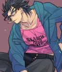  1boy bespectacled black_hair blue_eyes blue_jacket blush cigarette glasses jacket jojo_no_kimyou_na_bouken kuujou_joutarou solo spiky_hair toujou_sakana 