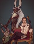  1boy 1girl animal_ears armchair arrow balflear bow_(weapon) bracer chair character_request crossed_legs dark_skin final_fantasy final_fantasy_xii fran long_hair rabbit_ears renzo_gonzalez sitting viera weapon white_hair 