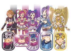  5girls aono_miki arm_warmers artist_request belt bike_shorts black_gloves black_legwear black_shirt black_skirt blue_skirt blush brown_eyes brown_hair choker crossover cure_berry cure_black cure_dream cure_sunshine detached_sleeves drill_hair earrings eyelashes fingerless_gloves flower fresh_precure! frilled_skirt frills futari_wa_precure gloves h26r hair_ornament hair_ribbon hair_rings hairband half_updo happy heart heart_hair_ornament heartcatch_precure! jewelry long_hair looking_at_viewer magical_girl midriff milk_(precure_5) milky_rose mimino_kurumi misumi_nagisa multiple_girls myoudouin_itsuki navel pink_eyes pink_hair ponytail precure puffy_sleeves purple_hair ribbon rose serious shirt short_hair shorts shorts_under_skirt side_ponytail skirt smile source_request standing thigh-highs thighs trait_connection twintails violet_eyes wavy_hair white_background wrist_cuffs yellow_skirt yes!_precure_5 yes!_precure_5_gogo! yumehara_nozomi zettai_ryouiki zoom_layer 