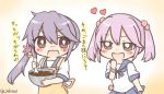  2girls :d akebono_(kantai_collection) apron bell blush bowl brown_eyes chocolate commentary flower hair_flower hair_ornament jakoo21 kantai_collection multiple_girls open_mouth pink_hair pleated_skirt purple_hair sazanami_(kantai_collection) school_uniform serafuku short_twintails side_ponytail skirt smile sweatdrop translated twintails twitter_username valentine 