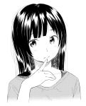  1girl bust finger_to_mouth highres long_hair looking_at_viewer monochrome px8xq simple_background solo white_background 
