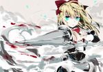 1girl apron blonde_hair blood blue_eyes bow bowtie bust expressionless grey_background hair_bow highres lance long_hair long_sleeves looking_at_viewer polearm red_(girllove) rough shanghai_doll smoke solo touhou waist_apron weapon 
