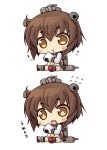  +_+ 1girl blush brown_eyes brown_hair chibi eating flying_sweatdrops hair_ornament highres kantai_collection naturalton open_mouth rice sailor_dress school_uniform short_hair simple_background translation_request white_background yukikaze_(kantai_collection) 