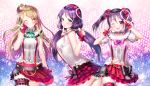  3girls ;d aile_(crossroads) ass breasts brown_hair finger_to_mouth fingerless_gloves gloves green_eyes heart love_live!_school_idol_project low_twintails minami_kotori multiple_girls one_eye_closed open_mouth panties purple_hair red_eyes skirt sleeveless smile tagme toujou_nozomi twintails underwear white_panties wink yazawa_nico yellow_eyes 