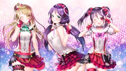  3girls ;d aile_(crossroads) ass breasts brown_hair finger_to_mouth fingerless_gloves gloves green_eyes heart love_live!_school_idol_project low_twintails minami_kotori multiple_girls one_eye_closed open_mouth panties purple_hair red_eyes skirt sleeveless smile tagme toujou_nozomi twintails underwear white_panties wink yazawa_nico yellow_eyes 