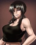  1girl black_lagoon breasts brown_eyes brown_hair cleavage crop_top crop_top_overhang highres large_breasts long_hair midriff navel no_bra ponytail revy sideboob solo tank_top tattoo toned vanzan 