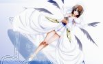  1girl blue_eyes brown_hair dress hat highres lyrical_nanoha short_hair solo tappa_(esperanza) white_dress wings yagami_hayate 