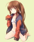 1girl ahoge bikini blush brown_hair jacket little_busters!! long_hair natsume_rin navel ponytail red_eyes satou_aoi sleeves_past_wrists solo swimsuit 
