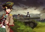  4girls absurdres binoculars black_eyes black_hair blonde_hair brown_eyes brown_hair caesar_(girls_und_panzer) crossed_arms erwin girls_und_panzer glasses haori hat headband headphones highres holding jacket japanese_clothes military military_uniform miniskirt multiple_girls neckerchief open_mouth oryou_(girls_und_panzer) outdoors peaked_cap pleated_skirt rhm_borsig_waffentrager saemonza scarf school_uniform serafuku short_hair skirt standing tianyu_jifeng uniform 