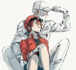  1boy 1girl ae-3803 amamli closed_eyes gloves hat hataraku_saibou jacket red_blood_cell_(hatataku_saibou) red_jacket redhead shirt short_hair shorts simple_background smile u-1146 uniform white_blood_cell_(hataraku_saibou) 