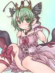  1girl alternate_costume antennae aqua_background bodice bow breasts butterfly_hair_ornament choker collarbone dress firefly frown gradient gradient_background green_eyes green_hair hair_ornament hand_in_hair highres knee_up leg_ribbon looking_at_viewer shadow short_hair sitting solo strapless_dress takanoru tiara touhou wriggle_nightbug wrist_cuffs wrist_ribbon 