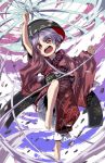  1girl barefoot bowl_hat frilled_kimono highres japanese_clothes kimono lavender_hair needle obi oversized_object red_eyes sash shope short_hair sukuna_shinmyoumaru swirling touhou weapon 