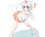  /\/\/\ :3 animal_ears bare_shoulders barefoot blush hat inubashiri_momiji looking_at_viewer paw_pose pom_pom_(clothes) red_eyes shirt short_hair silver_hair simple_background smile tail tokin_hat touhou traditional_media white_background wolf_ears wolf_tail 