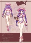  1girl alternate_costume alternate_hairstyle ass back book breasts capelet cleavage crescent crescent_hair_ornament greetload hair_ornament hair_ribbon hat long_hair looking_at_viewer navel navel_cutout patchouli_knowledge pink_shoes purple_hair purple_swimsuit ribbon simple_background solo striped striped_swimsuit swimsuit touhou tress_ribbon twintails very_long_hair violet_eyes walking white_background 