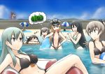  1boy 6+girls admiral_(kantai_collection) beach bikini bismarck_(kantai_collection) black_hair blonde_hair blue_eyes breasts brown_hair chikuma_(kantai_collection) diving diving_mask dolphin flying_sweatdrops food fruit hamu_koutarou hat hiryuu_(kantai_collection) kantai_collection kumano_(kantai_collection) light_brown_hair long_hair multiple_girls o_o short_hair sleeping suzuya_(kantai_collection) swimsuit taihou_(kantai_collection) tone_(kantai_collection) twintails watermelon zzz 