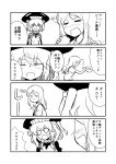  2girls 4koma cape comic geeyaa headgear highres kantai_collection long_hair monochrome multiple_girls shinkaisei-kan short_hair ta-class_battleship translation_request wo-class_aircraft_carrier 