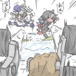  2girls ahoge aiming asymmetrical_wings black_hair dodging flying_sweatdrops grey_hair hands_up hat houjuu_nue jumping kureha_mitsushige mononobe_no_futo multiple_girls outstretched_arms ponytail shoot short_hair spread_arms tagme touhou translation_request water wavy_mouth wings 