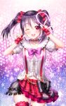 1girl ;d aile_(crossroads) fingerless_gloves gloves heart love_live!_school_idol_project open_mouth purple_hair red_eyes skirt sleeveless smile tagme twintails wink yazawa_nico 