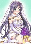  1girl blush bridal_veil dress elbow_gloves flower gloves green_eyes kneeling long_hair love_live!_school_idol_project otabe_sakura purple_hair solo toujou_nozomi twintails veil wedding_dress 