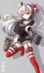  1girl amatsukaze_(kantai_collection) brown_eyes garter_straps highres kantai_collection long_hair looking_at_viewer nikkunemu personification rensouhou-kun school_uniform serafuku silver_hair smile striped striped_legwear thigh-highs twintails 