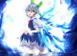 1girl blue_eyes blue_hair bow cirno dress hair_bow ice ice_wings nabezuru open_mouth ribbon short_hair skirt_hold solo touhou water wings 