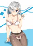  1girl blue_eyes bow_panties bra breasts character_name cleavage hair_ornament hair_over_one_eye hairclip hamakaze_(kantai_collection) kantai_collection lingerie looking_at_viewer panties panties_under_pantyhose pantyhose pink_panties short_hair silver_hair solo underwear white_bra xsorax812 