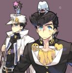  black_hair blue_eyes chibi chibi_on_head crazy_diamond hat higashikata_jousuke jojo_no_kimyou_na_bouken kuujou_joutarou pompadour star_platinum starfish toujou_sakana white_jacket 