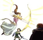  alderion-al armor beard blonde_hair blue_eyes bow_(weapon) brown_hair cape dress earrings facial_hair ganondorf gloves hat jewelry link long_dress long_hair nintendo pointy_ears princess_zelda redhead shield shoulder_pads sword the_legend_of_zelda tiara twilight_princess weapon 