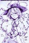  1girl artist_name bespectacled bow capelet dated frills glasses hand_on_hip hat looking_at_viewer monochrome nagae_iku one_eye_closed purple_hair ribbon savan shawl short_hair sketch solo thank_you touhou 