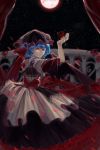  1girl ascot balcony bat_wings blue_hair brooch cup dress hair_ribbon highres holding jewelry looking_at_hand mob_cap moon narrowed_eyes night night_sky red_eyes red_moon remilia_scarlet ribbon short_hair skirt skirt_hold sky solo star_(sky) starry_sky tian_(my_dear) touhou wine_glass wings 