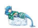  1girl blue_eyes blue_hair breasts byakko310 dress green_dress hands_clasped head_fins japanese_clothes kimono large_breasts looking_at_viewer lying mermaid monster_girl obi on_back sash smile solo sushi touhou wakasagihime 