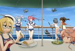  6+girls ahoge airplane bare_shoulders black_hair blonde_hair blue_hair book brown_hair chopsticks fairy_(kantai_collection) fishing_rod flying_sweatdrops food green_eyes hair_ornament hamu_koutarou highres i-168_(kantai_collection) i-19_(kantai_collection) i-401_(kantai_collection) i-58_(kantai_collection) i-8_(kantai_collection) i-class_destroyer kantai_collection knife long_hair maru-yu_(kantai_collection) multiple_girls name_tag ocean one-piece_swimsuit open_mouth orange_hair ponytail red_eyes redhead school_swimsuit school_uniform serafuku shinkaisei-kan short_hair smile swimsuit swimsuit_under_clothes tan twintails 