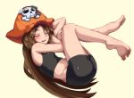  1girl ass bare_shoulders barefoot bike_shorts blush breasts brown_hair busi331 closed_eyes drooling guilty_gear hat legs long_hair may_(guilty_gear) open_mouth pirate_hat saliva sleeping small_breasts solo toes 