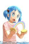  1girl blue_eyes blue_hair hair_cubes hair_ornament naganohara_mio nichijou nishimura_(prism_engine) open_mouth rainbow short_hair solo twintails water wet wet_clothes wet_shirt 