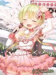  1girl arm_up blonde_hair blush cherry_blossoms closed_eyes flower hair_flower hair_ornament microphone muku_(muku-coffee) open_mouth skirt smile thigh-highs 