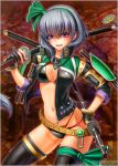  1girl alternate_costume armor breasts cleavage contrapposto earrings fangs hair_ribbon hairband hand_on_hip highres jacket jewelry katana konpaku_youmu maco_(macoillust) navel_piercing open_mouth piercing revision ribbon short_hair solo sword touhou weapon 