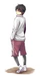  1girl alternate_costume ataru_(cha2batake) black_eyes black_hair from_behind kantai_collection looking_at_viewer mogami_(kantai_collection) shoes sneakers solo track_jacket track_suit white_background 