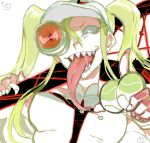  1girl ball blonde_hair drawr hakodate_omiko jyaddena kill_la_kill long_tongue scope sharp_teeth smile solo tennis_ball tongue tongue_out twintails visor_cap 