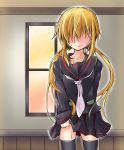  1girl black_legwear blonde_hair blush collarbone hair_over_eyes ichimi kantai_collection neckerchief satsuki_(kantai_collection) school_uniform serafuku shirt skirt skirt_lift skirt_set smile solo sweat thigh-highs twintails zettai_ryouiki 