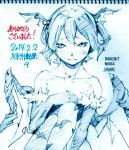  1girl artist_name bat_print bat_wings blush breasts cleavage collarbone dated demon_girl elbow_gloves embarrassed gloves head_wings koakuma lilith_aensland_(cosplay) monochrome savan short_hair sketch solo succubus touhou vampire_(game) wings 