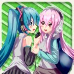  2girls absurdres aqua_eyes blush breasts crossover green_eyes green_hair hatsune_miku headphones highres large_breasts long_hair looking_at_viewer looking_back microphone multiple_girls nitroplus open_mouth pink_hair red_eyes smile super_sonico twintails very_long_hair vocaloid 