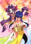  2girls 90s ahoge apron blue_eyes breasts carrying cherry_(saber_j) cleavage fang floating_hair food hair_over_eyes highres kotobuki_tsukasa long_hair luchs multiple_girls nail_polish naked_apron official_art open_mouth payot pot purple_hair saber_marionette_j 