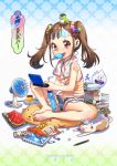 1girl barefoot book brown_hair cat fan food fruit ghost headphones highres legs long_hair mhk_(mechamania) mouth_hold navel original popsicle potato_chips shorts sitting smile solo twintails violet_eyes watermelon 