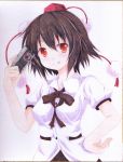  1girl :q black_hair bow bust camera collared_shirt hand_on_hip hat kittona looking_at_viewer pom_pom_(clothes) puffy_short_sleeves puffy_sleeves red_eyes ribbon scan shameimaru_aya short_hair short_sleeves simple_background solo tokin_hat tongue touhou traditional_media watercolor_pencil_(medium) white_background 