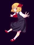  1girl ascot blonde_hair blouse foreshortening grin hair_ribbon highres himamushi_nyuudou outstretched_arms red_eyes ribbon rumia short_hair skirt smile spread_arms touhou vest 