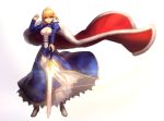  1girl ahoge blonde_hair cape dress excalibur fate/stay_night fate_(series) green_eyes metto saber solo sword weapon 