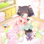  2girls animal_ears black_hair blue_eyes blush book bookshelf cat_ears curly_hair eyepatch heart hug long_hair mochizuki_yomogi multiple_girls original pajamas pillow pink_eyes pink_hair rabbit_ears rug school_uniform serafuku short_hair skirt socks stuffed_animal stuffed_bunny stuffed_cat stuffed_toy sweater tears 